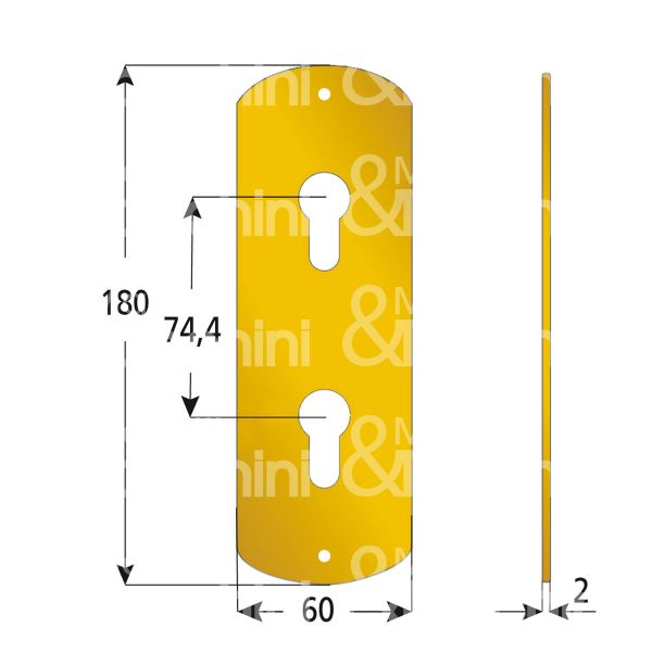Azzi fausto pl1120yyo placca foro doppio cilindro ottone lucido verniciato interasse 74,4 mm 60 x 180