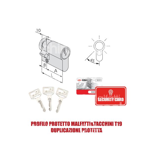 Cisa 0n314090n1 mezzo cilindro sagomato c3000 33 x 10 = 43 mm chiave protetta m&t profilo c3000 t19 cifratura kd nichel satinato