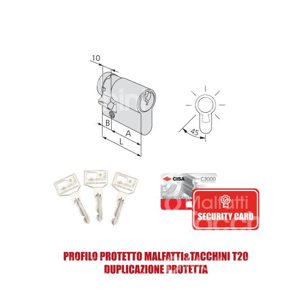 Cisa 0n314050n2 mezzo cilindro sagomato c3000 60 x 10 = 70 mm chiave protetta m&t profilo c3000 t20 cifratura kd nichel satinato