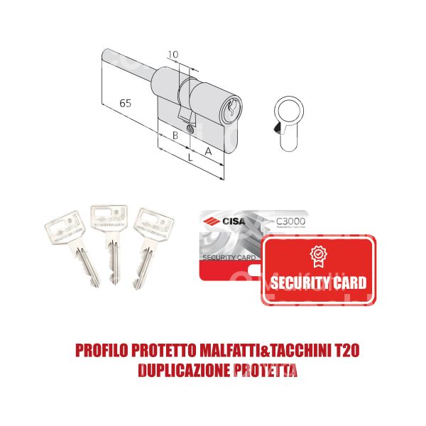 Cisa 0n317070n2 cilindro sagomato codolo rasabile c3000 30 x 30 = 60 mm chiave protetta m&t profilo c3000 t20 cifratura kd nichel satinato