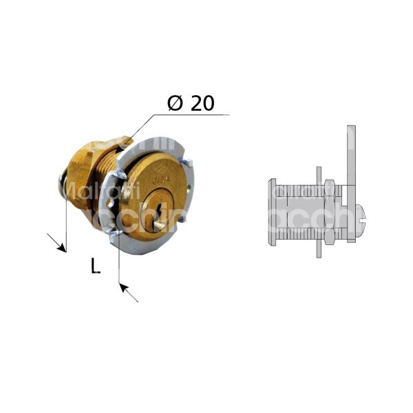 Cisa 72210300 serratura per selettori a leva Ø 20 lunghezza mm 30 ambidestra chiave piatta kd rotazione 90° + 90° 1 estrazione ottone satinato