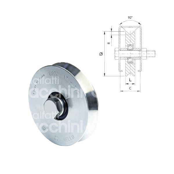 Comunello 300v160 ruota gola v art. 300v-160 acciaio zincato Ø mm 160 l mm 25 - 1 cuscinetto perno m 16 x 70 portata kg 290