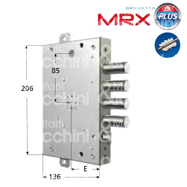 Cr 706028mrx serratura doppia mappa per blindata triplice e 63 ambidestra 4 catenacci piÙ scrocco int. cat. 28 sporg. 3,5