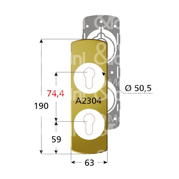 Disec ki2304br placca foro doppio protettore alluminio bronzato interasse 74,4 mm 63 x 190 Ø 50,5