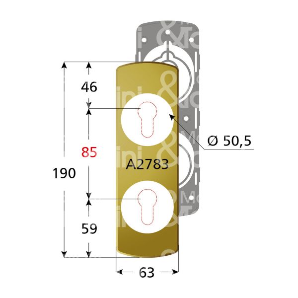 Disec ki2783br placca foro doppio protettore alluminio bronzato interasse 85 mm 63 x 190 Ø 50,5