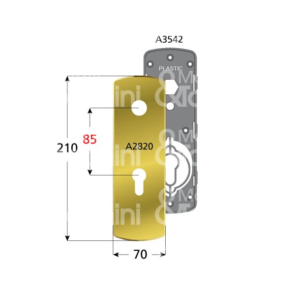 Disec ki2820pol placca foro maniglia piÙ cilindro ottone lucido interasse 85 mm 70 x 210