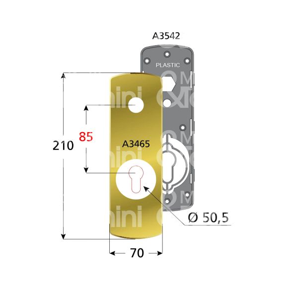 Disec ki3465pbr placca foro maniglia piÙ protettore alluminio bronzato interasse 85 mm 70 x 210 Ø 50,5