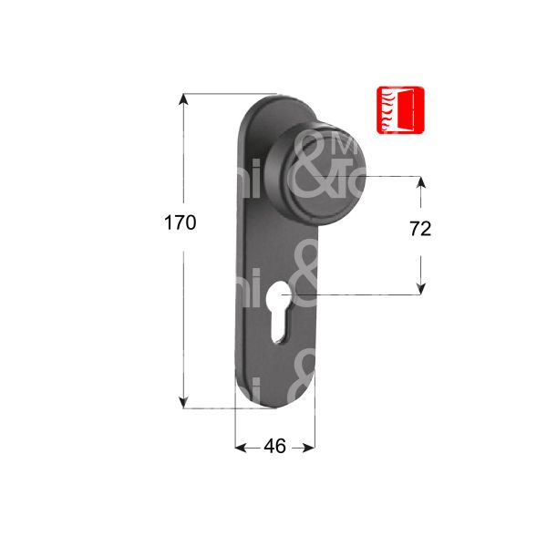 Iseo 032465 placca con pomolo e foro sagomato per porte tagliafuoco mm 170 quadro 9 int. man. 72 nero