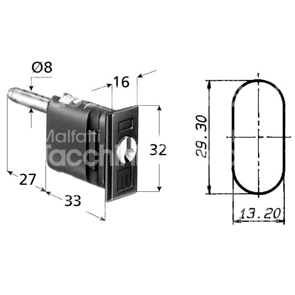 Meroni 2335ne serratura per cassetto con perno lunghezza mm 33 ambidestra chiave piatta kd rotazione 360° 2 estrazione nero