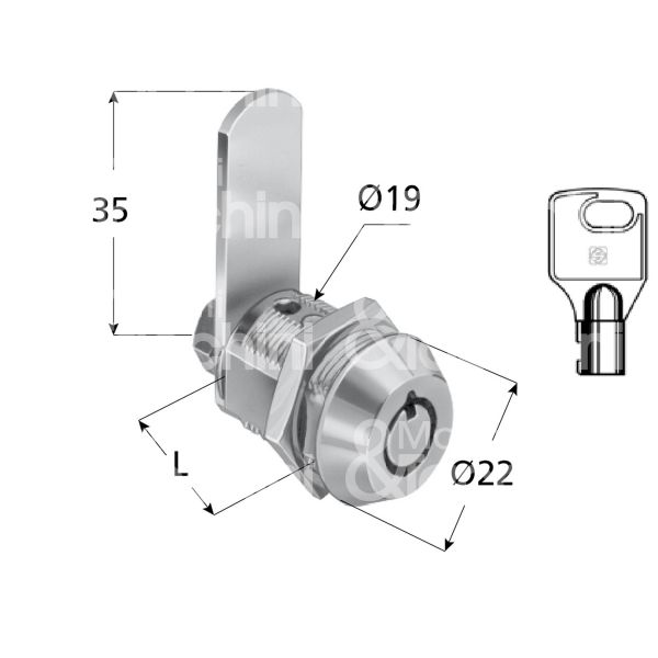 Meroni 335121 serratura universale a leva Ø 19 lunghezza mm 21 ambidestra chiave tubolare kd rotazione 90° dx 1 estrazione nichelato