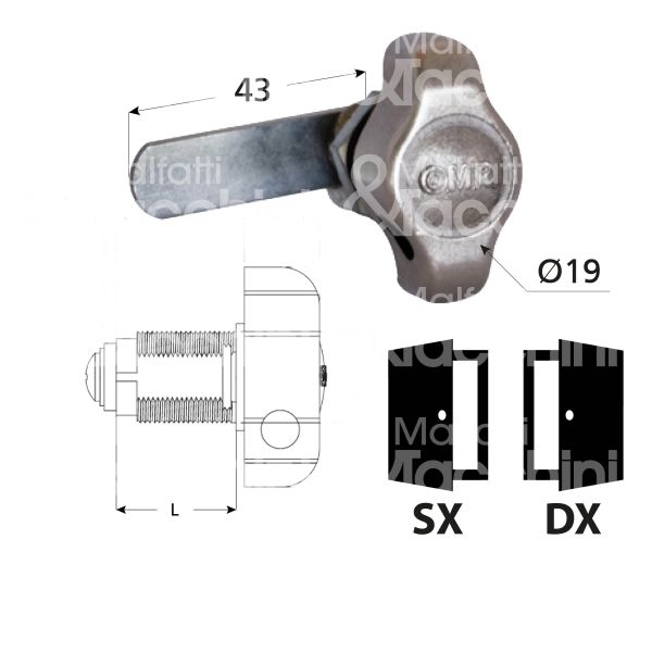 Moia 165645 serratura per anta a leva Ø 19 lunghezza mm 28 sx chiave lucchetto rotazione 90° nichelato