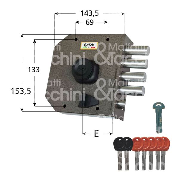 Moia ja422dx serratura applicare pompa Ø 30 laterale e 63 4 catenacci piÙ scrocco int. fiss. 69 x 133