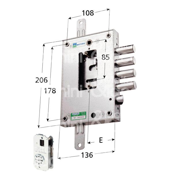 Mottura 52n47137d serratura doppia mappa per blindata triplice e 63 dx 3 catenacci piÙ scrocco int. cat. 37 sporg. 3,5