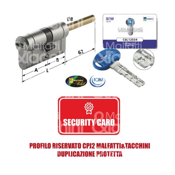 Mottura cp43631c5b cilindro sagomato codolo rasabile champions pro 36 x 31 = 67 mm chiave protetta m&t ( 5 chiavi ) profilo j2 cifratura kd cromo satinato