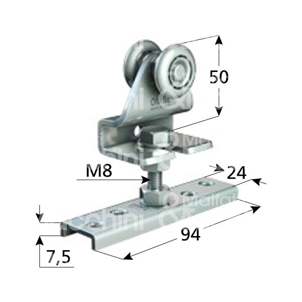 Omge 22 carrello per scorrevoli art. 22 roll-ge 20 2 ruote materiale acciaio Ø mm 24 fissaggio perno m 8 portata kg 35 per binario art. 20