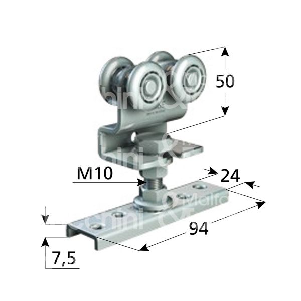 Omge 23 carrello per scorrevoli art. 23 roll-ge 20 4 ruote materiale acciaio Ø mm 24 fissaggio perno m 10 portata kg 40 per binario art. 20