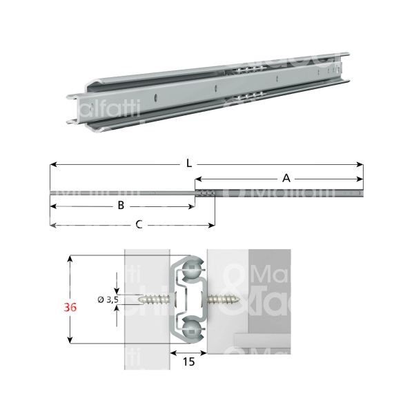 Omge 35145 coppia guida cassetto art. 35145 ferro zincato portata cp kg 40 estrazione parziale a mm 450 b mm 340 c mm 435 l mm 790