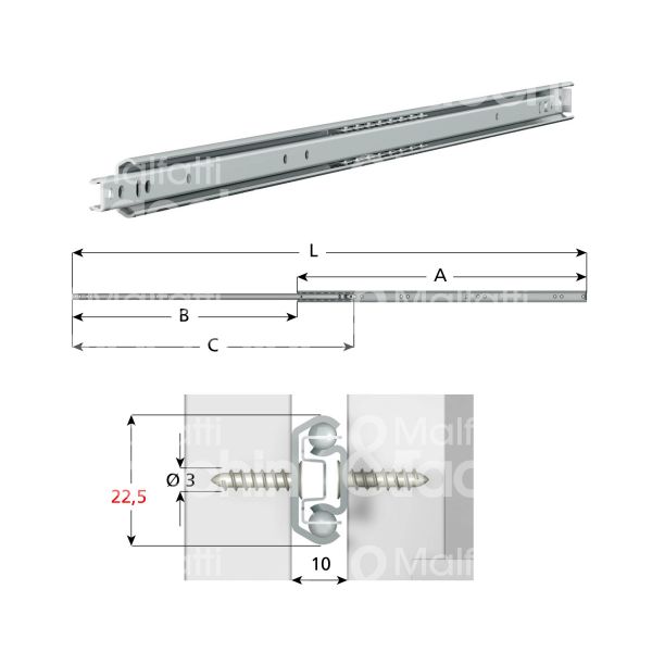 Omge 35230 coppia guida cassetto art. 35230 ferro zincato portata cp kg 15 estrazione parziale a mm 300 b mm 227 c mm 285 l mm 527