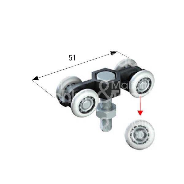 Omge 4 carrello per scorrevoli art. 4 roll-ge 10 4 ruote materiale delrin Ø mm 15 fissaggio perno m 6 portata kg 8 per binario art. 10