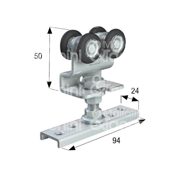 Omge 45 carrello per scorrevoli art. 45 roll-ge 20 4 ruote materiale acciaio nylon Ø mm 24 fissaggio perno m 10 portata kg 45 per binario art. 20