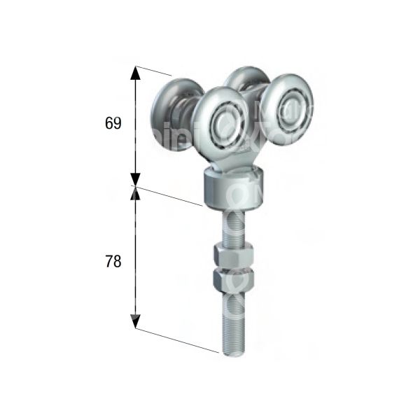 Omge 79 carrello per scorrevoli art. 79 roll-ge 50 4 ruote materiale acciaio Ø mm 38 fissaggio perno girevole m 12 portata kg 220 per binario art. 50