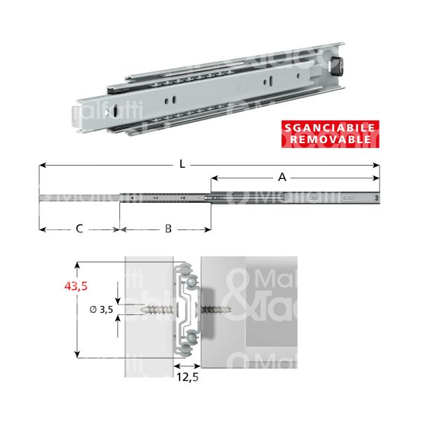 Omge 82540 coppia guida cassetto art. 82540 ferro zincato portata cp kg 30 estrazione totale a mm 400 b mm 220 c mm 185 l mm 805