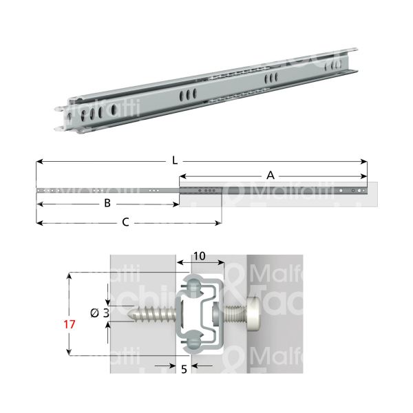 Omge 87031 coppia guida cassetto art. 87031 ferro zincato portata cp kg 8 estrazione parziale a mm 315 b mm 230 c mm 310 l mm 545