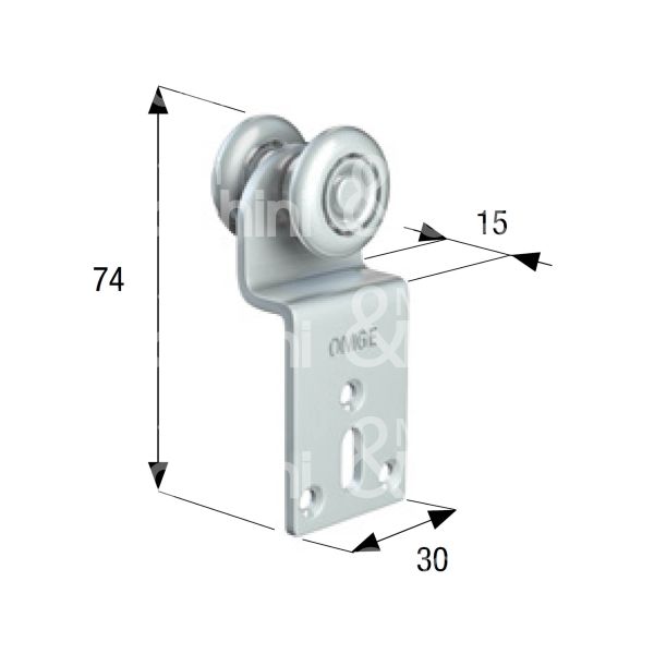 Omge 96 carrello per scorrevoli art. 96 roll-ge 20 2 ruote materiale acciaio nylon Ø mm 24 fissaggio con piastra portata kg 35 per binario art. 20