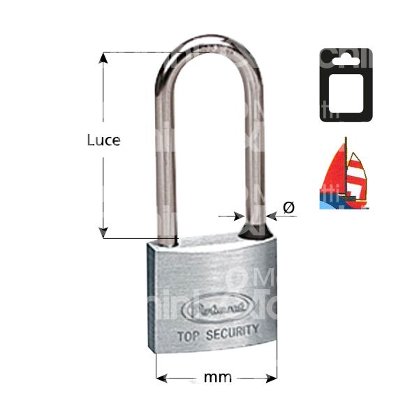 Potent 2770mb lucchetto ad arco lungo inox mm 30 chiave piatta cifratura kd