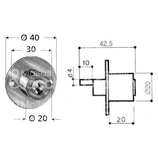 Prefer 2231 serratura per cassetto con perno Ø 20 lunghezza mm 20 ambidestra chiave piatta kd rotazione 180° 2 estrazione nichelato