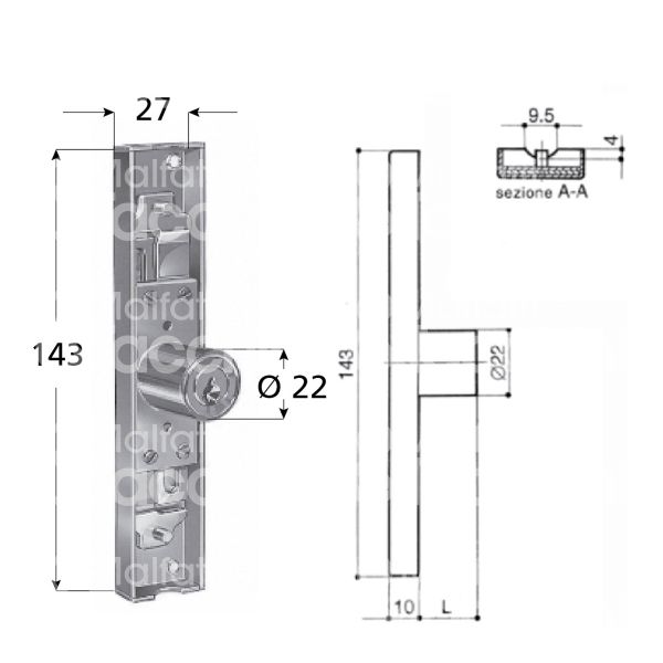 Prefer 4482 serratura per anta a stringa Ø 22 lunghezza mm 20 ambidestra chiave piatta kd rotazione 180° 2 estrazione zincata