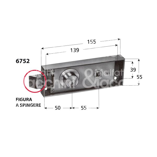 Prefer 6752002 serratura porte transito a spingere con scrocco quadro Ø cilindro mm 25 lunghezza mm 7