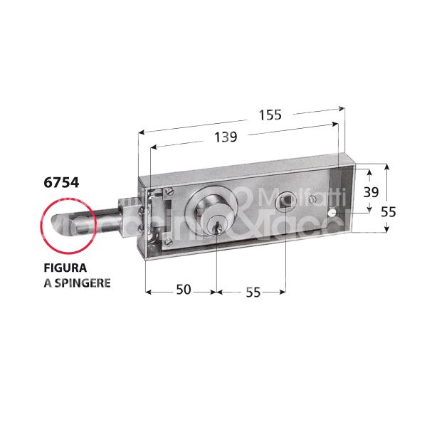 Prefer 6754002 serratura porte transito a spingere con scrocco tondo Ø cilindro mm 25 lunghezza mm 7