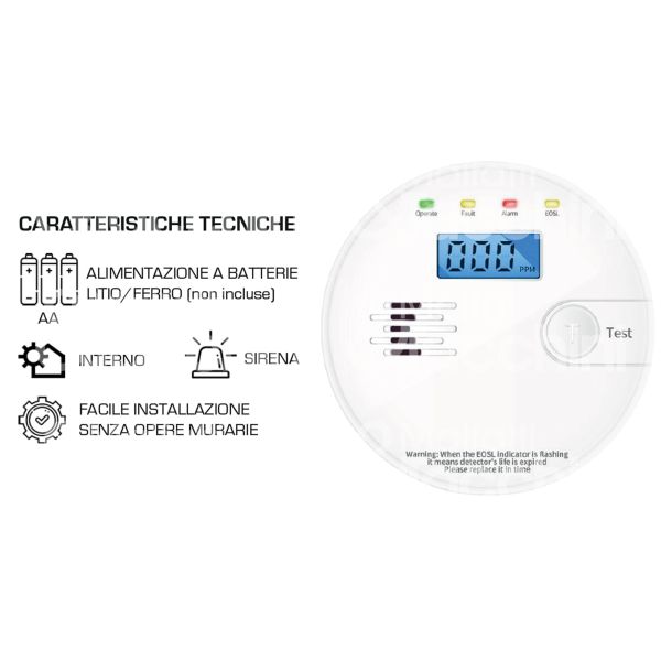 Proxe 710053 rilevatore monossido di carbonio per uso interno alimentazione 3 x aa