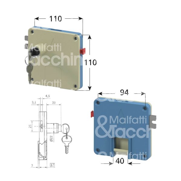 M&t 900 24526 serrratura a gettone da applicare Ø 22 lunghezza mm 33 e 29,6 sx chiave piatta kd blu/bianco