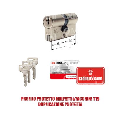 Cisa 0n3s1130n1 cilindro sagomato chiave/chiave c3000 35 x 35 = 70 mm chiave protetta m&t profilo c3000 t19 cifratura kd ottone nichelato