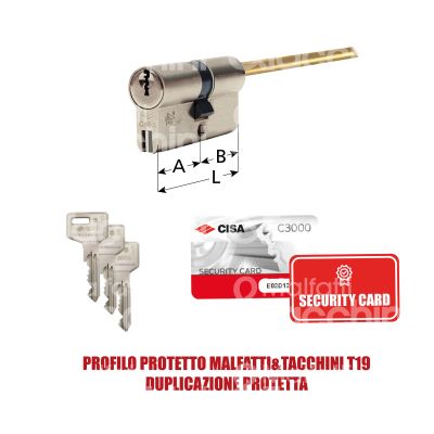 Cisa 0n3s7120n1 cilindro sagomato chiave/chiave c3000 40 x 30 = 70 mm chiave protetta m&t profilo c3000 t19 cifratura kd nichel satinato