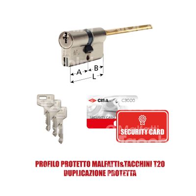Cisa 0n3s7070n2 cilindro sagomato codolo rasabile c3000 30 x 30 = 60 mm chiave protetta m&t profilo c3000 t20 cifratura kd nichel satinato