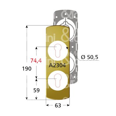 Disec ki2304br placca foro doppio protettore alluminio bronzato interasse 74,4 mm 63 x 190 Ø 50,5