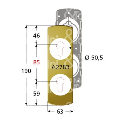 Disec ki2783br placca foro doppio protettore alluminio bronzato interasse 85 mm 63 x 190 Ø 50,5