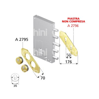 Disec kt800ol protettore monolito interasse fori mm 38 misura 70 x 176 profondita' mm 25 ottone lucido