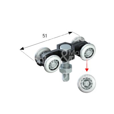 Omge 4 carrello per scorrevoli art. 4 roll-ge 10 4 ruote materiale delrin Ø mm 15 fissaggio perno m 6 portata kg 8 per binario art. 10
